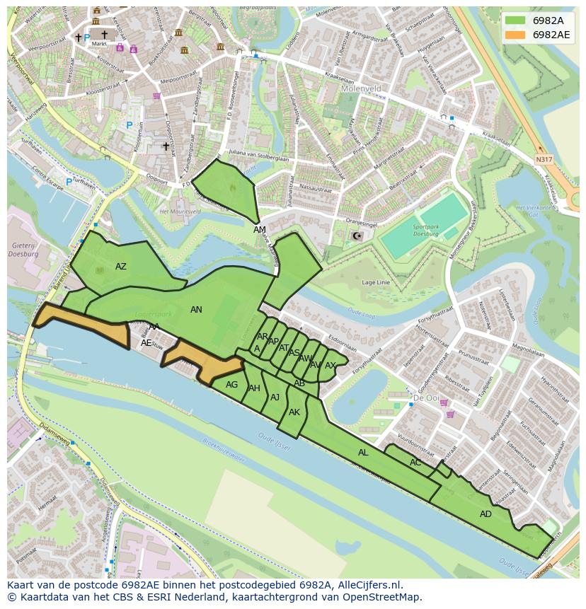 Afbeelding van het postcodegebied 6982 AE op de kaart.
