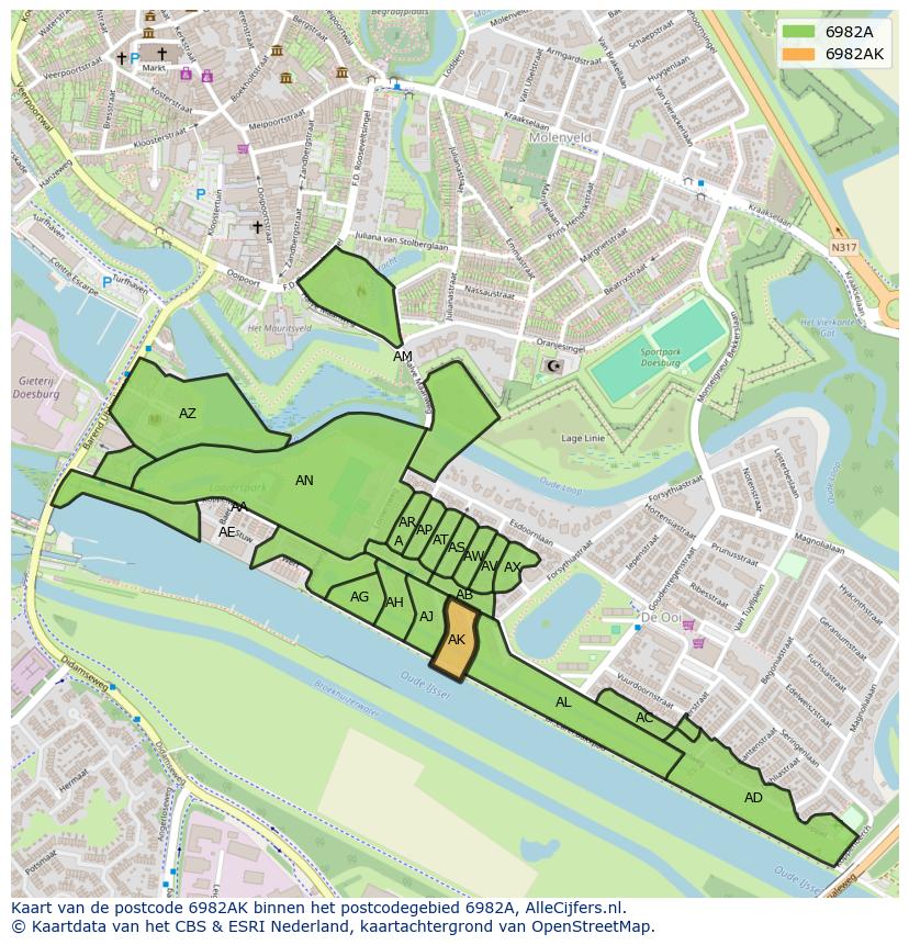 Afbeelding van het postcodegebied 6982 AK op de kaart.