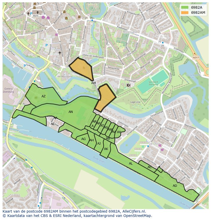 Afbeelding van het postcodegebied 6982 AM op de kaart.