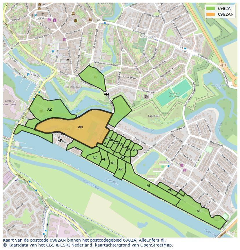 Afbeelding van het postcodegebied 6982 AN op de kaart.