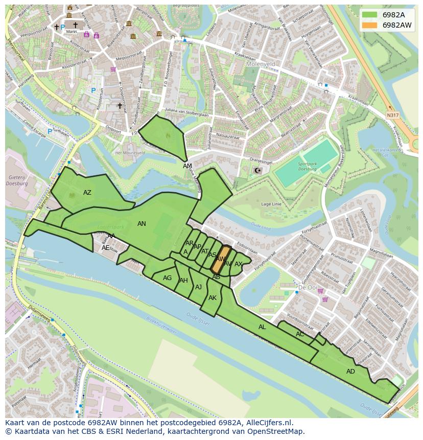 Afbeelding van het postcodegebied 6982 AW op de kaart.
