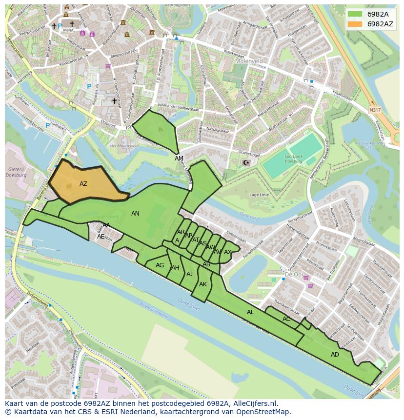 Afbeelding van het postcodegebied 6982 AZ op de kaart.