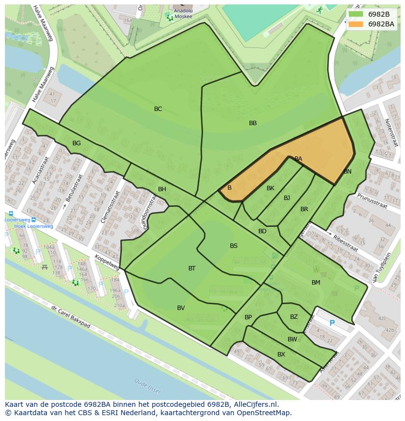 Afbeelding van het postcodegebied 6982 BA op de kaart.