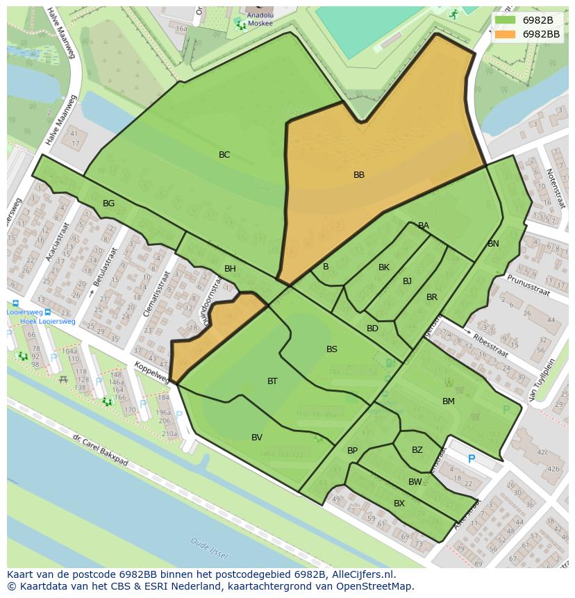 Afbeelding van het postcodegebied 6982 BB op de kaart.