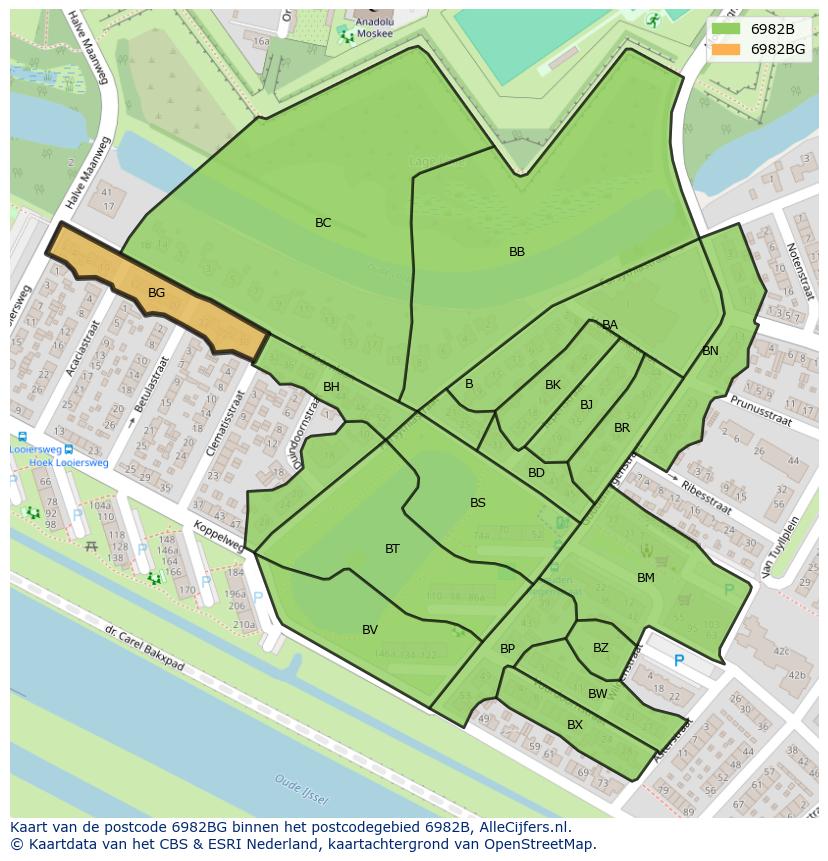 Afbeelding van het postcodegebied 6982 BG op de kaart.
