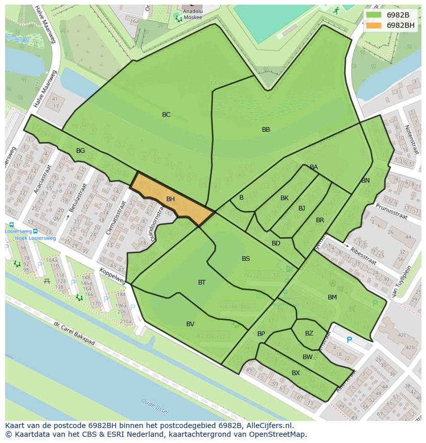 Afbeelding van het postcodegebied 6982 BH op de kaart.
