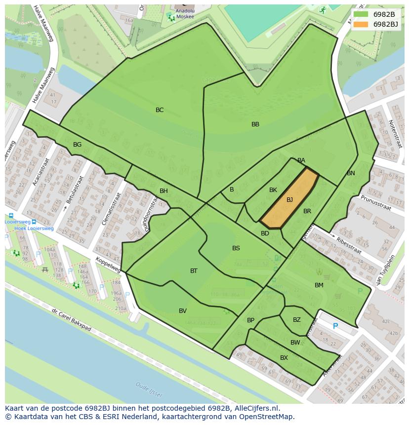 Afbeelding van het postcodegebied 6982 BJ op de kaart.