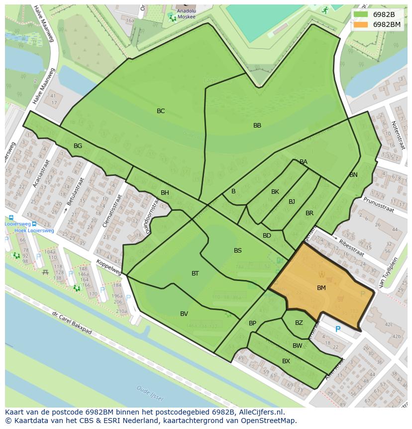Afbeelding van het postcodegebied 6982 BM op de kaart.