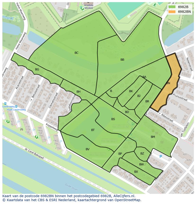 Afbeelding van het postcodegebied 6982 BN op de kaart.