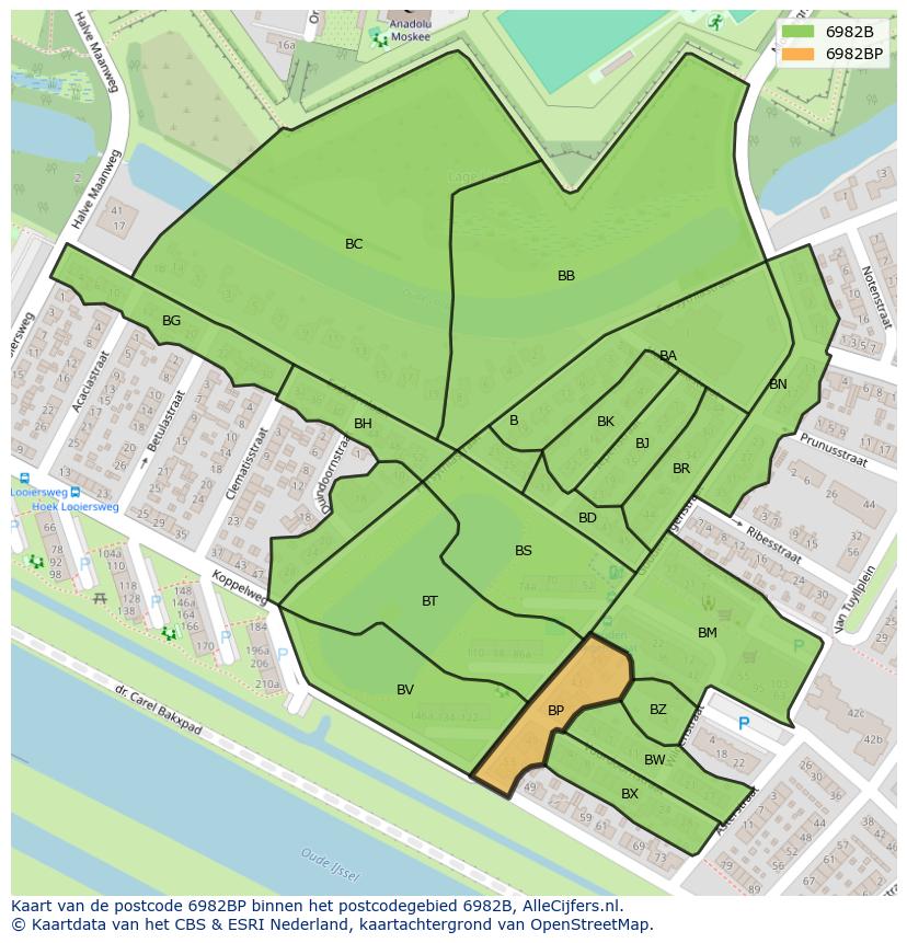 Afbeelding van het postcodegebied 6982 BP op de kaart.
