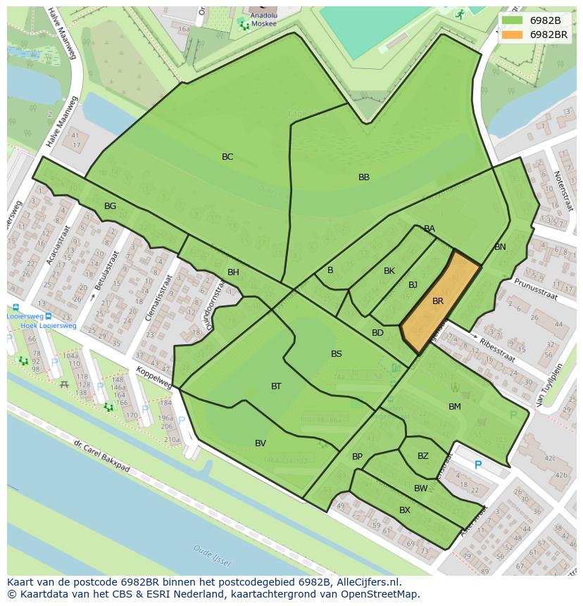 Afbeelding van het postcodegebied 6982 BR op de kaart.
