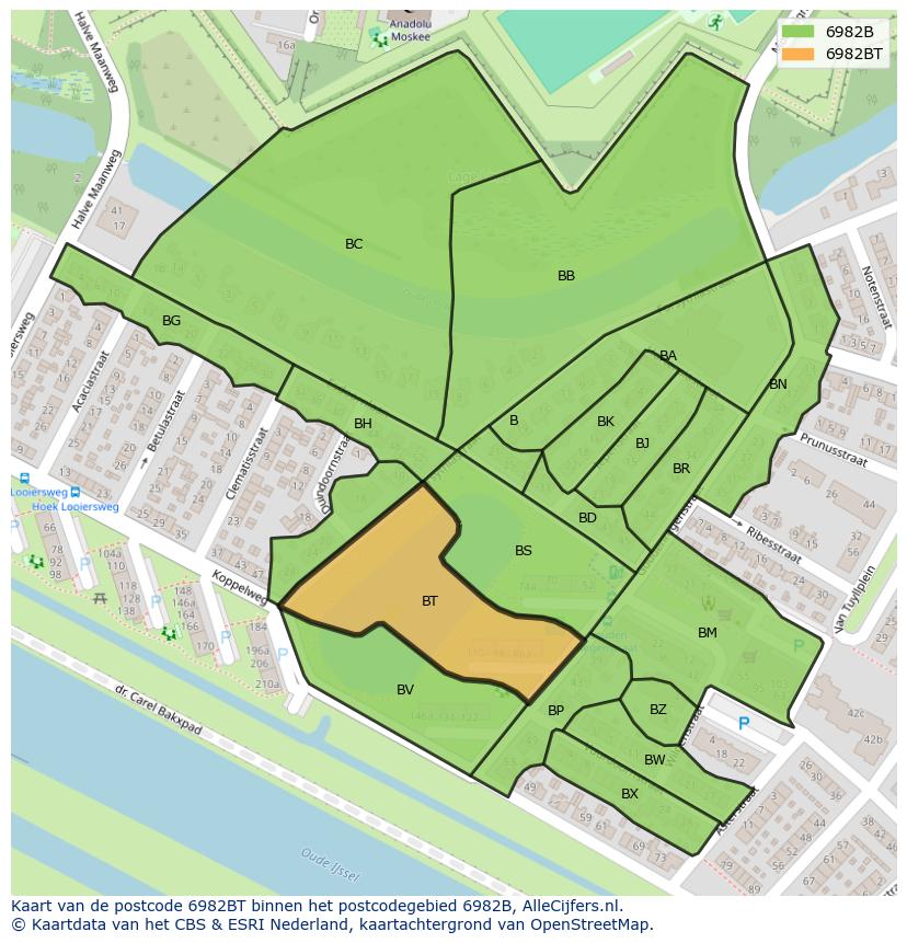 Afbeelding van het postcodegebied 6982 BT op de kaart.