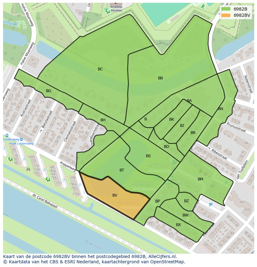 Afbeelding van het postcodegebied 6982 BV op de kaart.