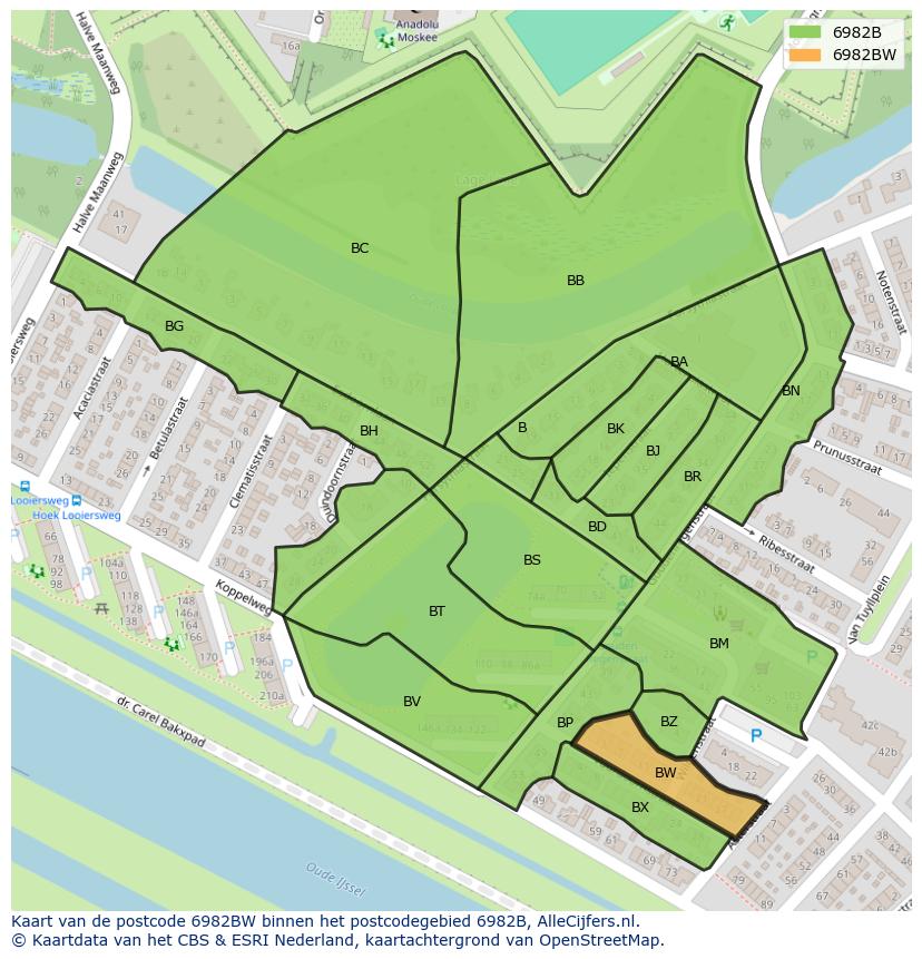 Afbeelding van het postcodegebied 6982 BW op de kaart.