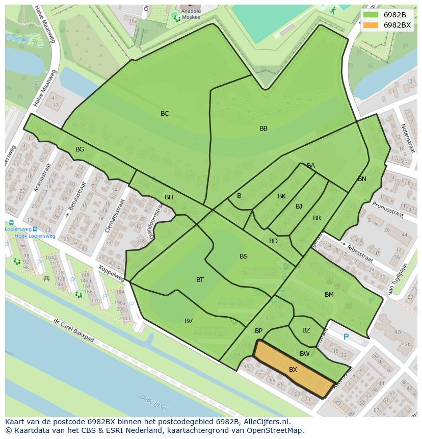 Afbeelding van het postcodegebied 6982 BX op de kaart.