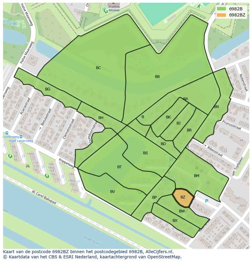 Afbeelding van het postcodegebied 6982 BZ op de kaart.