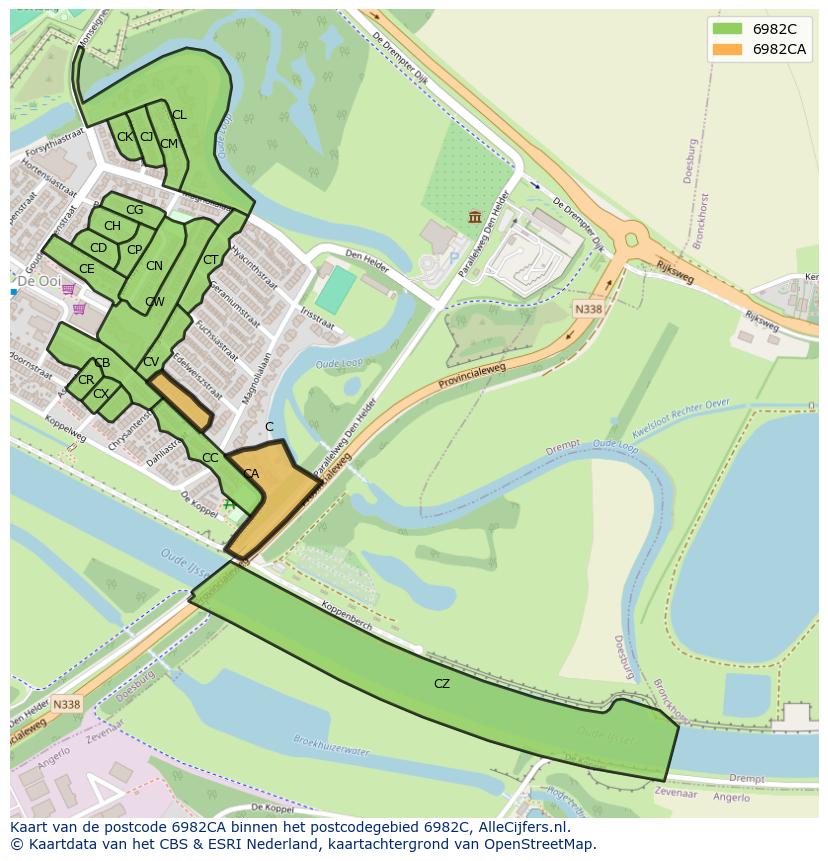Afbeelding van het postcodegebied 6982 CA op de kaart.