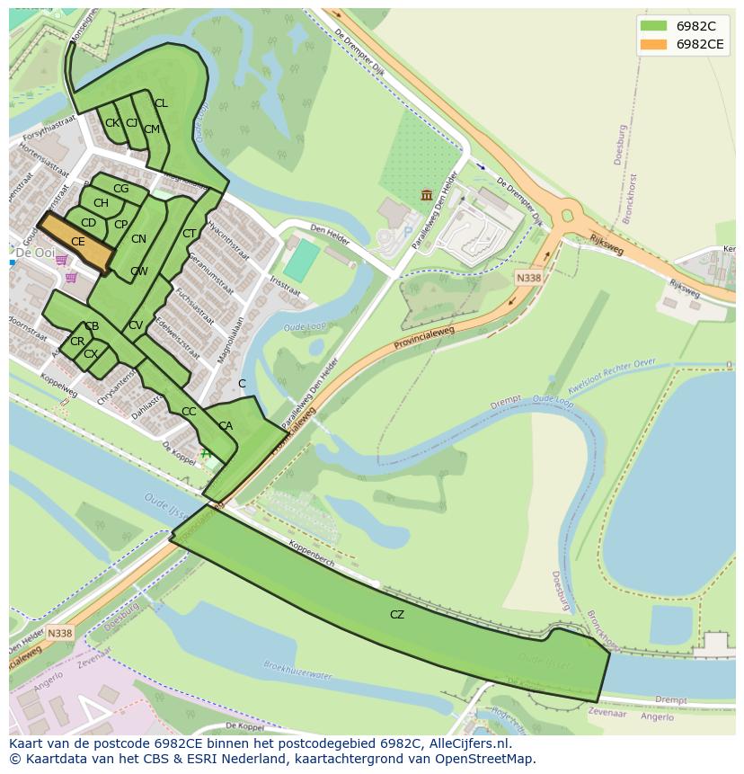 Afbeelding van het postcodegebied 6982 CE op de kaart.