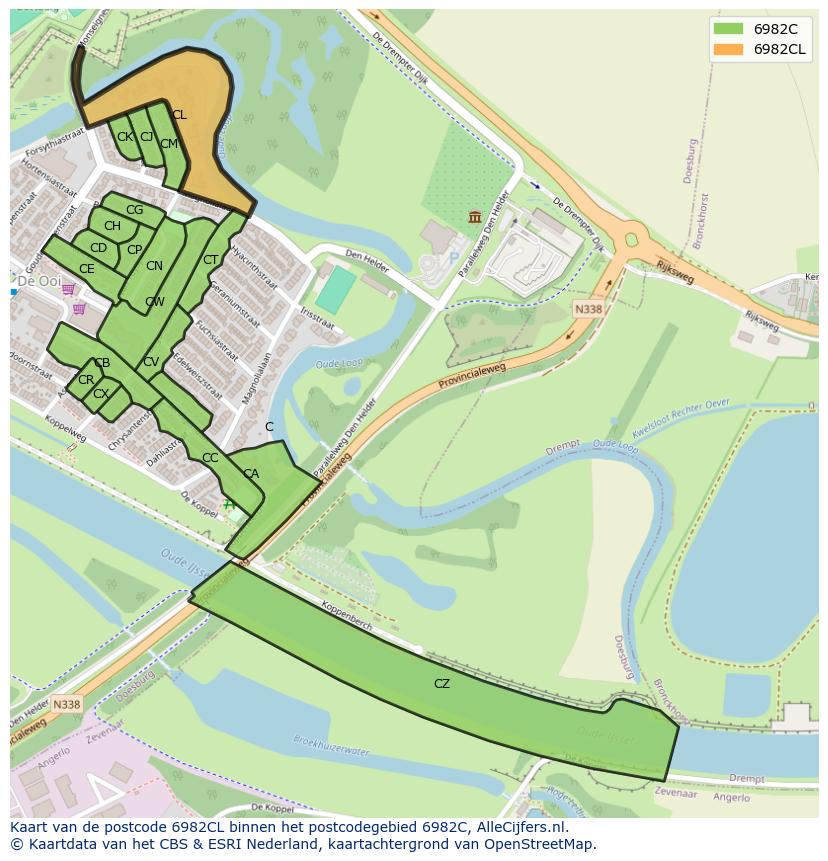 Afbeelding van het postcodegebied 6982 CL op de kaart.