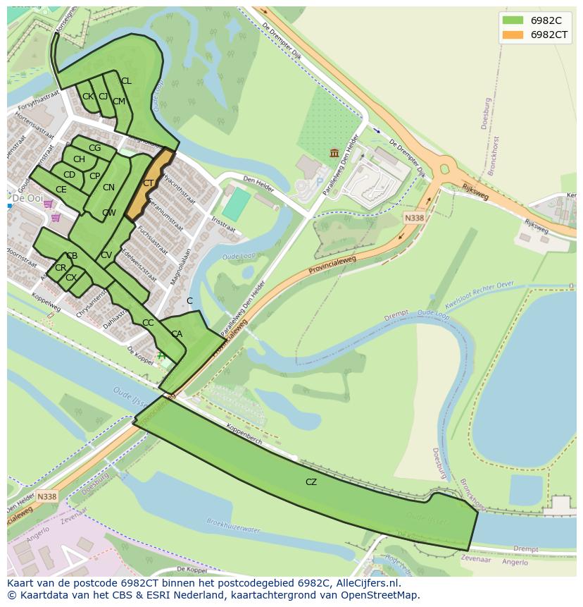 Afbeelding van het postcodegebied 6982 CT op de kaart.