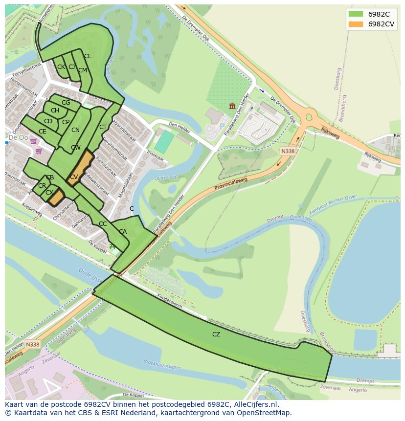 Afbeelding van het postcodegebied 6982 CV op de kaart.