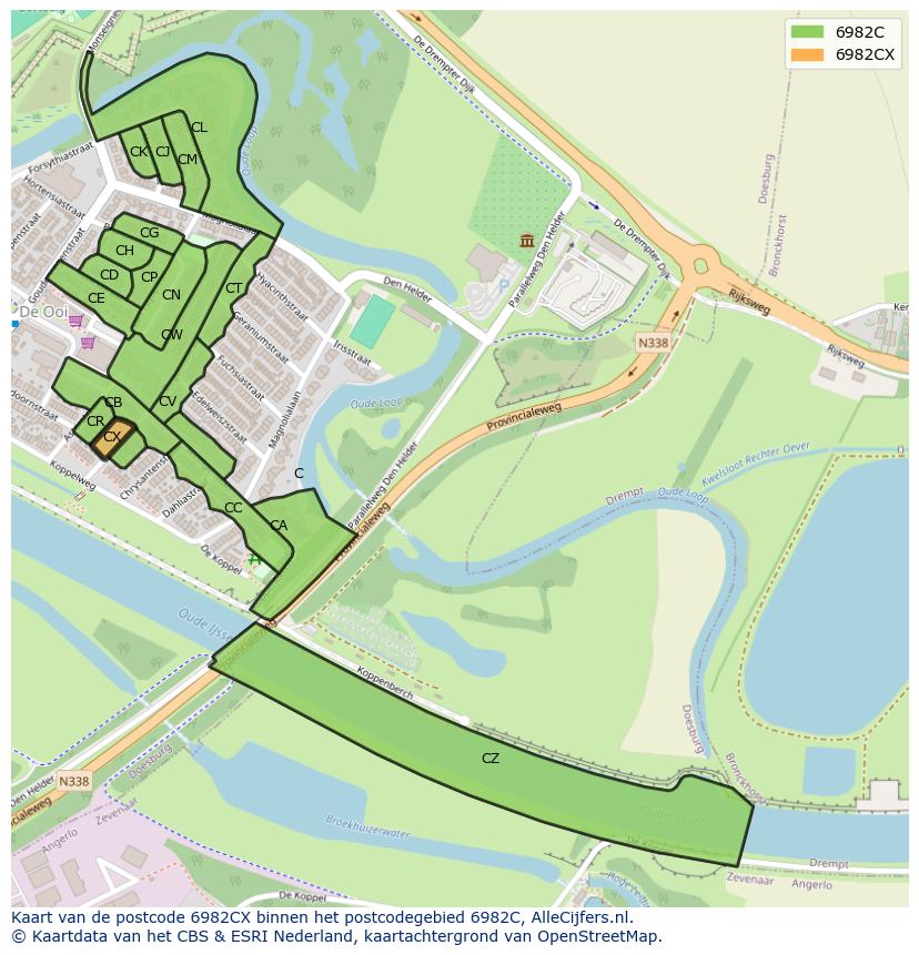 Afbeelding van het postcodegebied 6982 CX op de kaart.