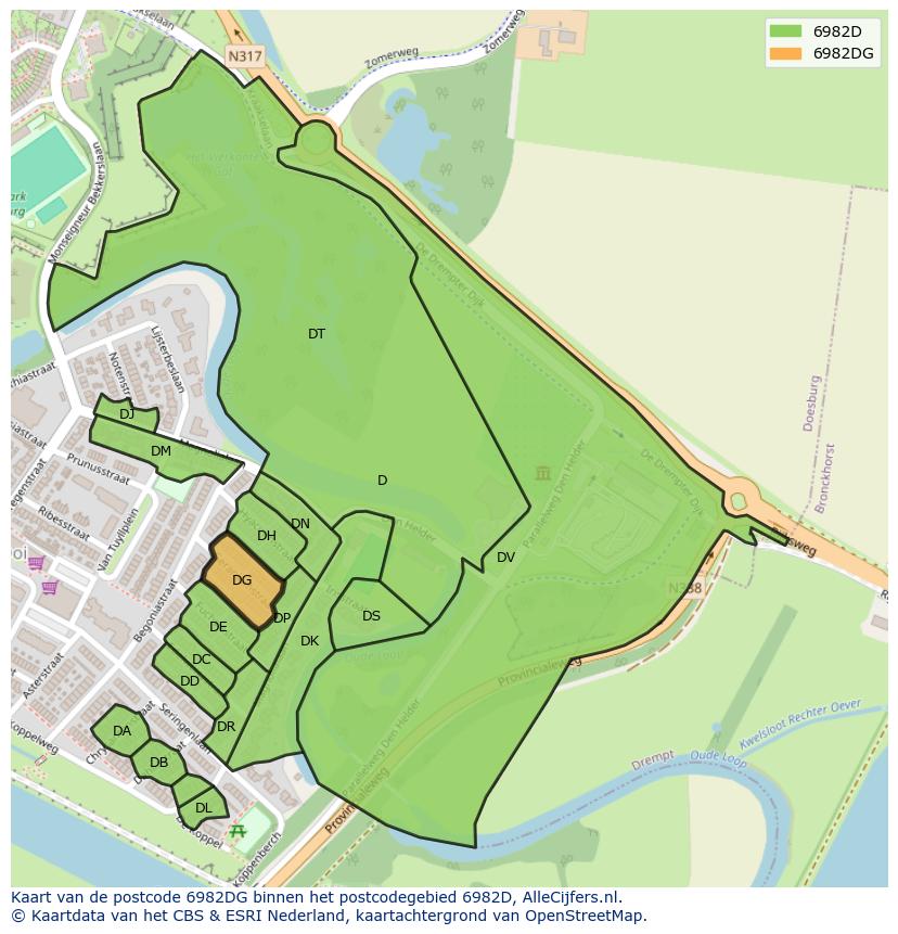 Afbeelding van het postcodegebied 6982 DG op de kaart.