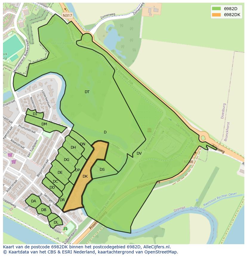 Afbeelding van het postcodegebied 6982 DK op de kaart.