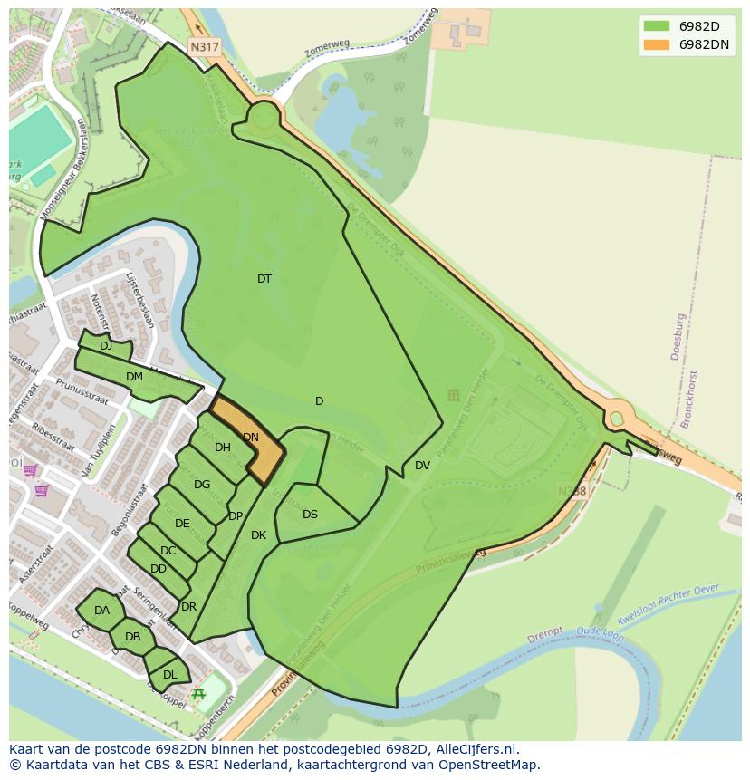 Afbeelding van het postcodegebied 6982 DN op de kaart.