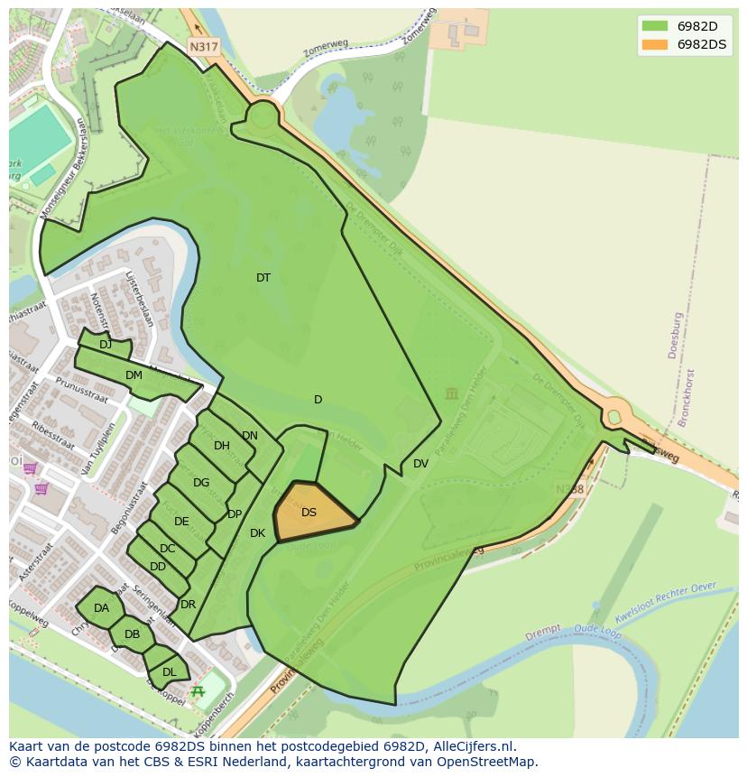 Afbeelding van het postcodegebied 6982 DS op de kaart.
