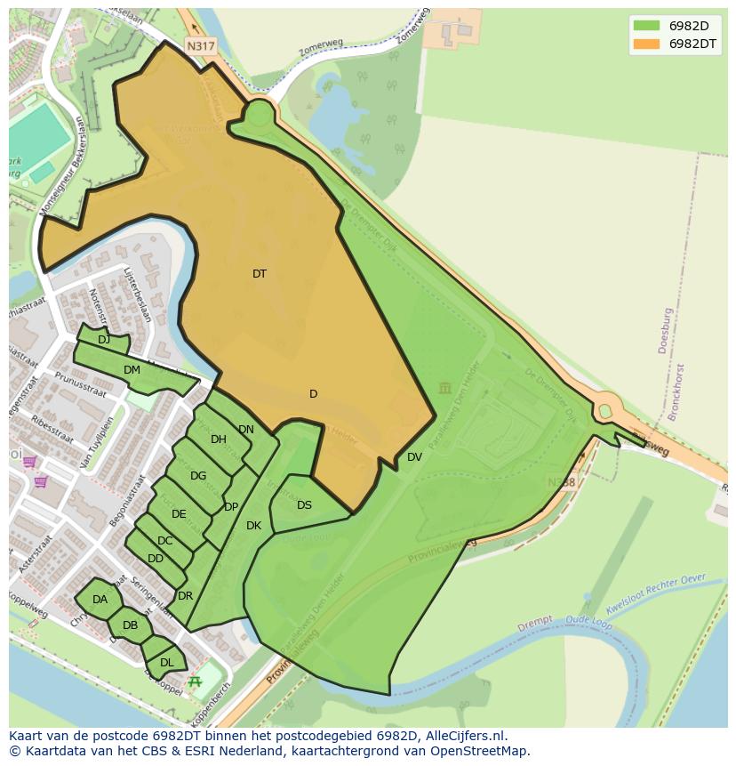 Afbeelding van het postcodegebied 6982 DT op de kaart.