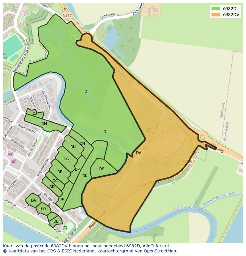 Afbeelding van het postcodegebied 6982 DV op de kaart.