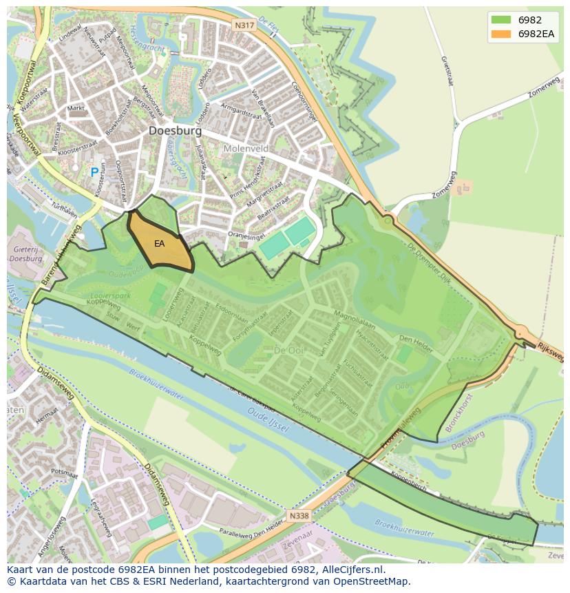 Afbeelding van het postcodegebied 6982 EA op de kaart.