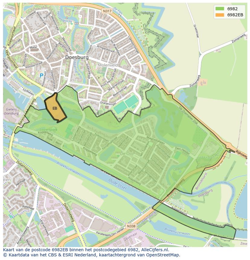 Afbeelding van het postcodegebied 6982 EB op de kaart.