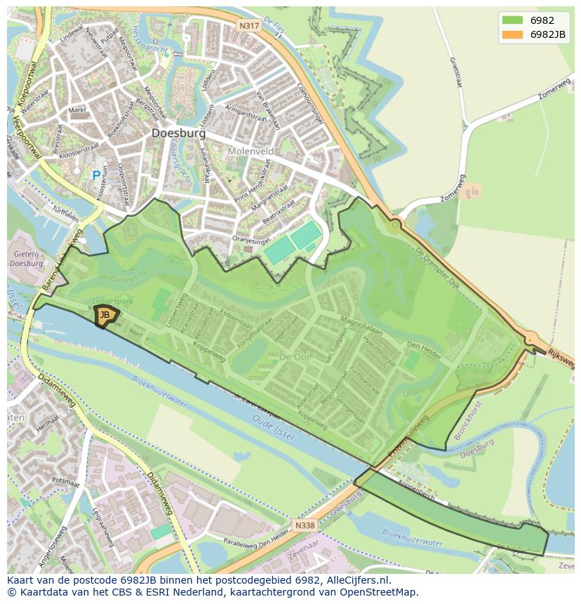 Afbeelding van het postcodegebied 6982 JB op de kaart.