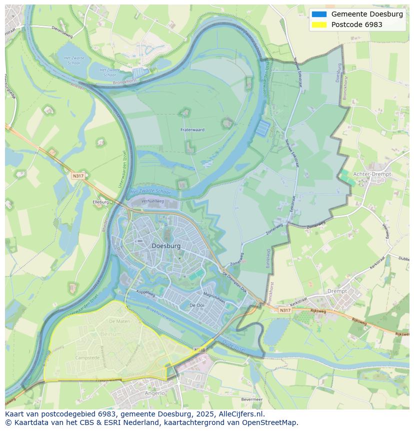 Afbeelding van het postcodegebied 6983 op de kaart.