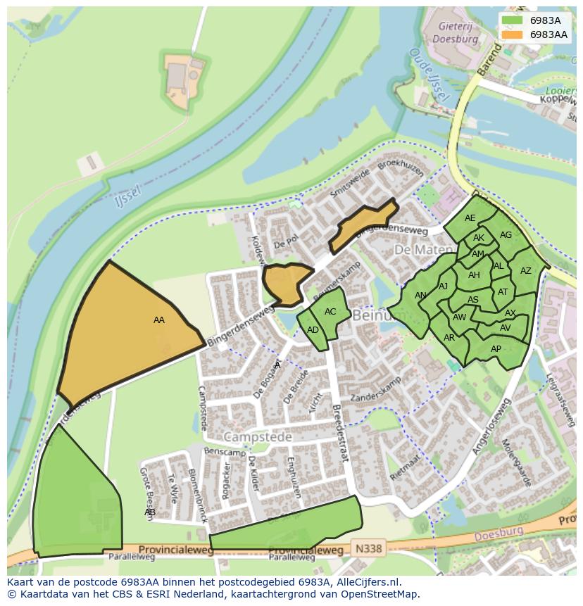 Afbeelding van het postcodegebied 6983 AA op de kaart.