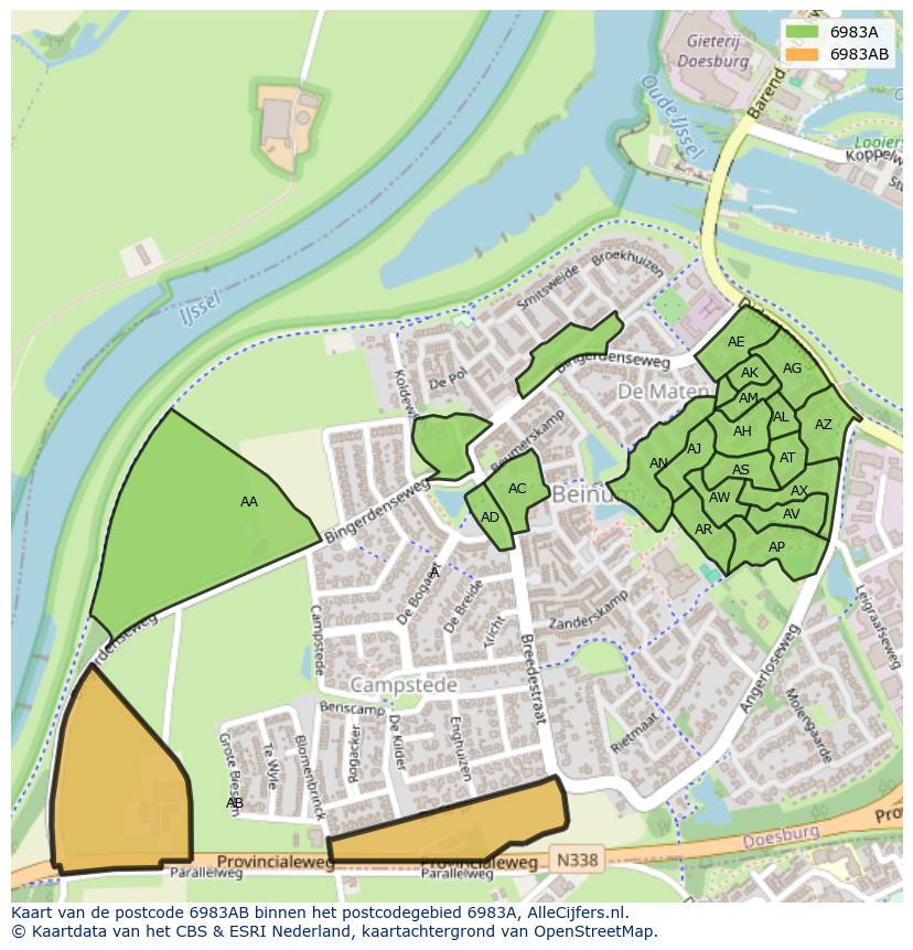 Afbeelding van het postcodegebied 6983 AB op de kaart.