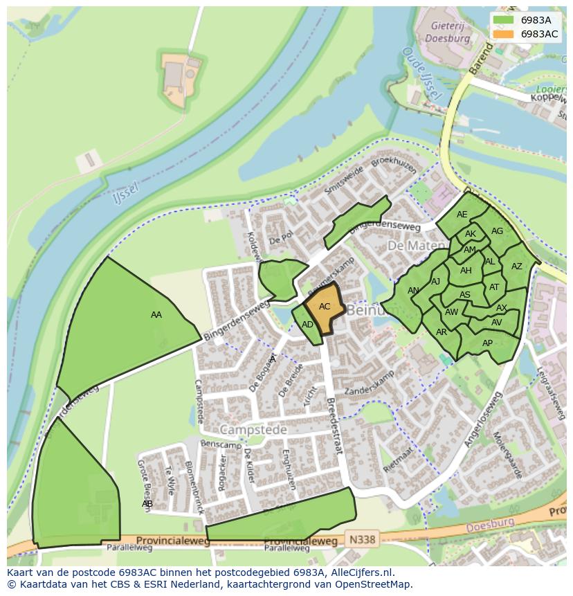 Afbeelding van het postcodegebied 6983 AC op de kaart.