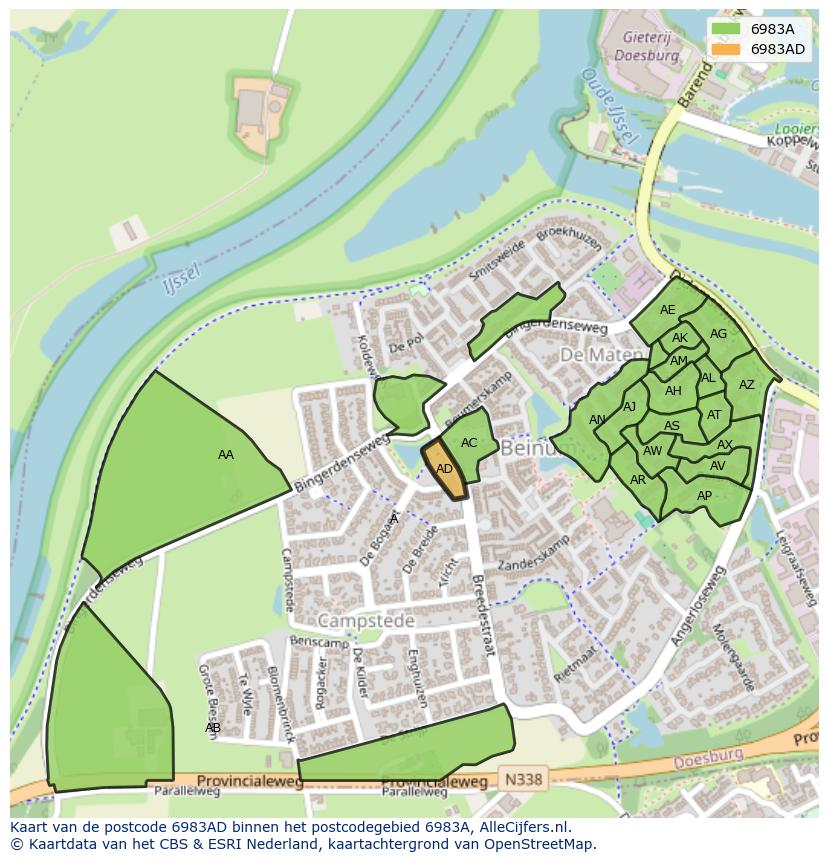 Afbeelding van het postcodegebied 6983 AD op de kaart.