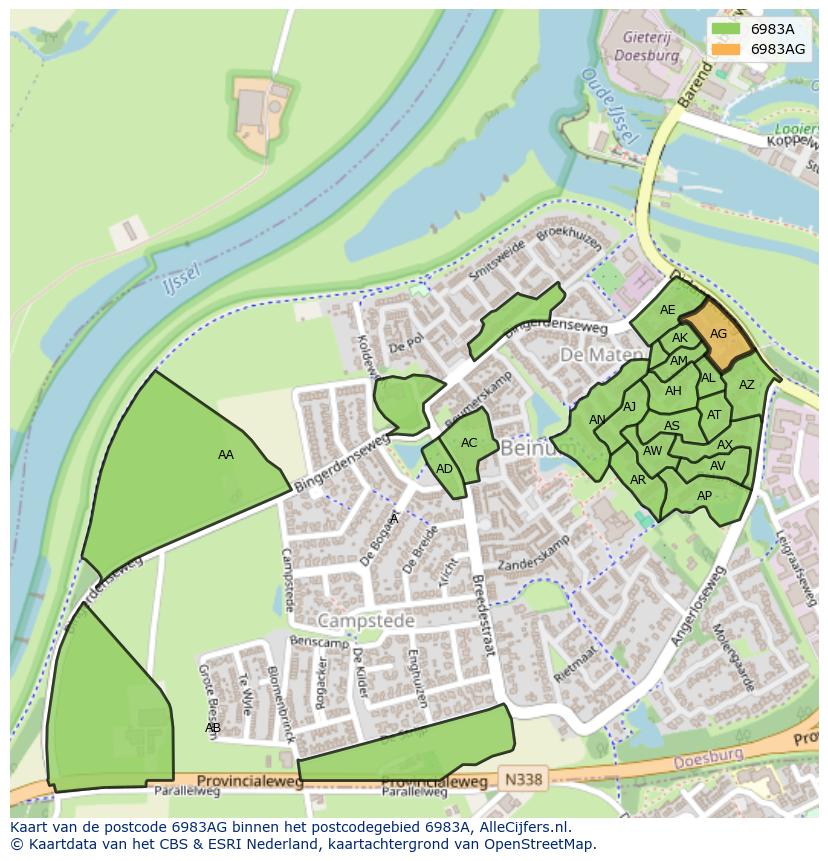 Afbeelding van het postcodegebied 6983 AG op de kaart.