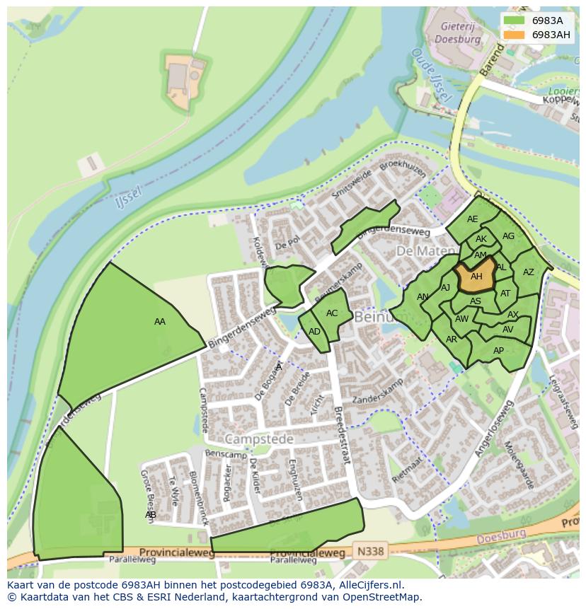 Afbeelding van het postcodegebied 6983 AH op de kaart.