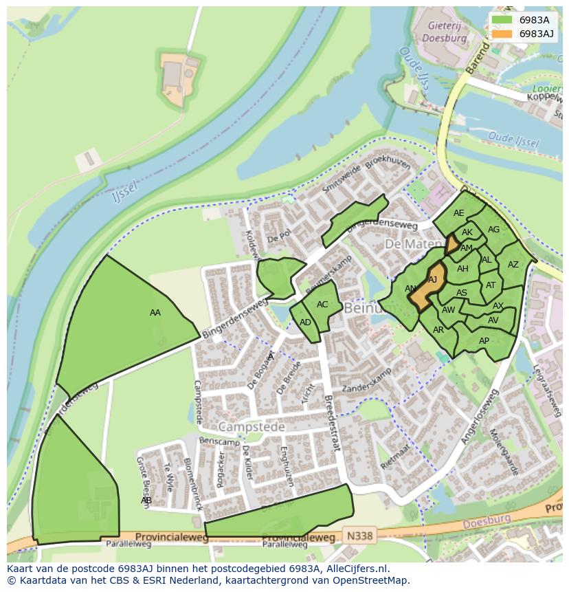 Afbeelding van het postcodegebied 6983 AJ op de kaart.