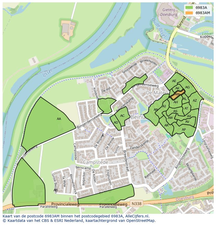 Afbeelding van het postcodegebied 6983 AM op de kaart.