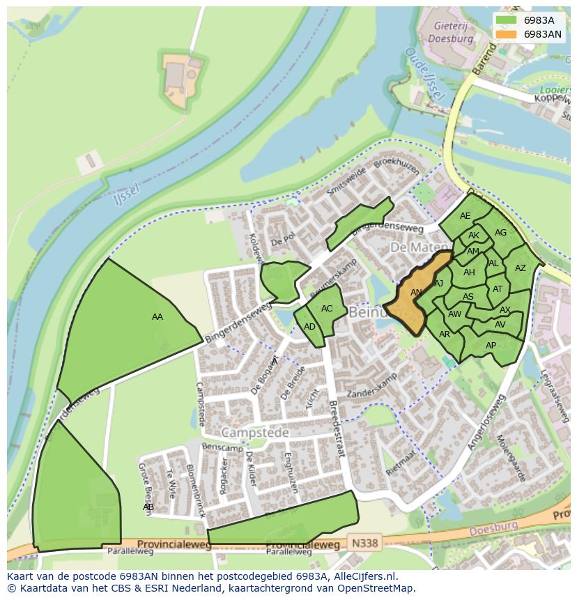Afbeelding van het postcodegebied 6983 AN op de kaart.