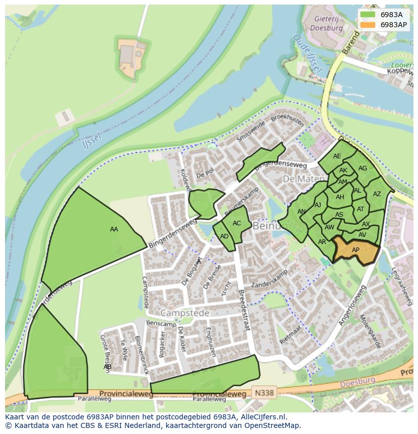 Afbeelding van het postcodegebied 6983 AP op de kaart.