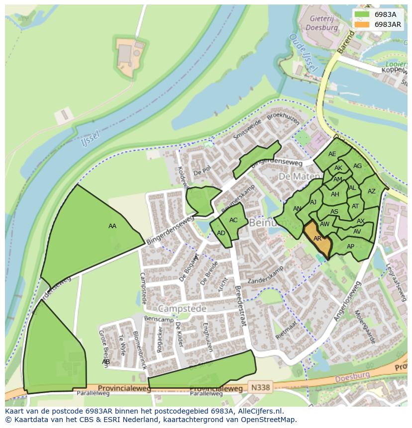Afbeelding van het postcodegebied 6983 AR op de kaart.