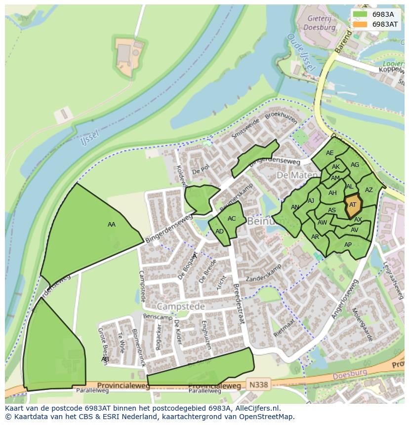 Afbeelding van het postcodegebied 6983 AT op de kaart.