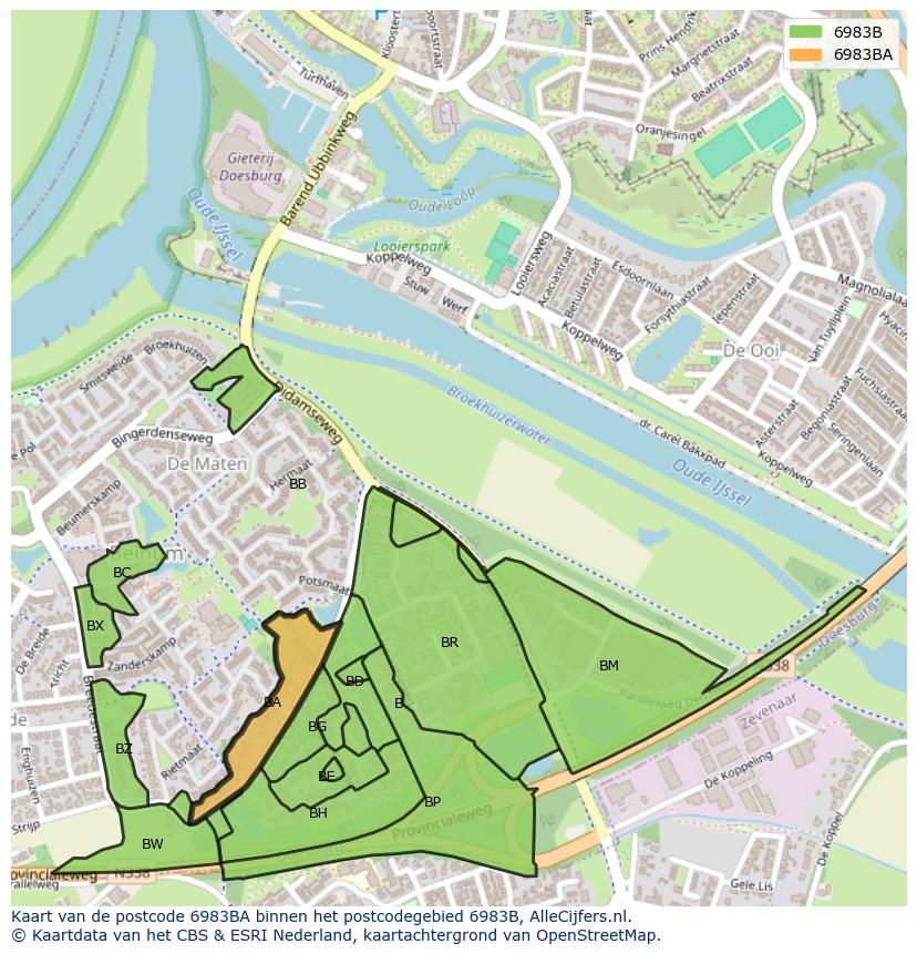 Afbeelding van het postcodegebied 6983 BA op de kaart.
