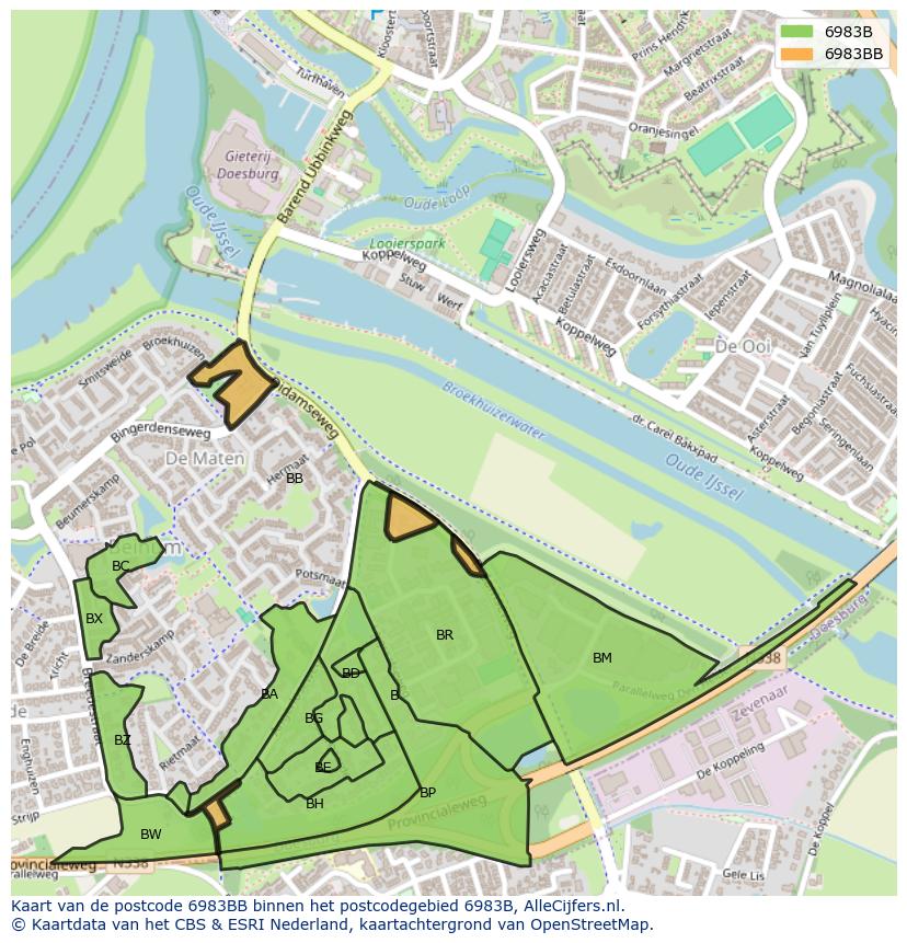Afbeelding van het postcodegebied 6983 BB op de kaart.